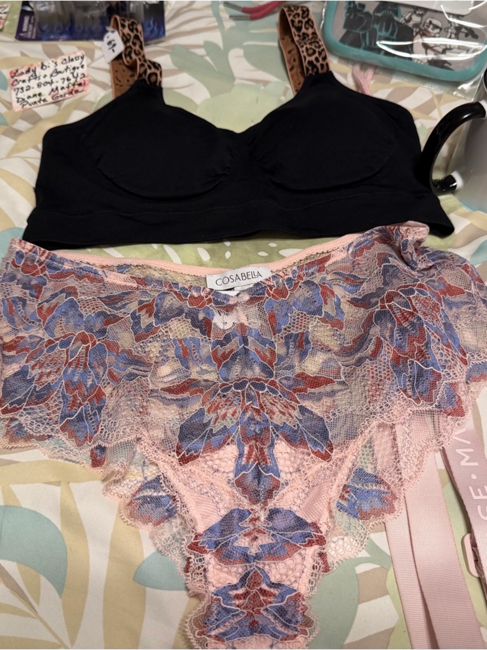Cosabella Pink Lace Thong with Black Bra